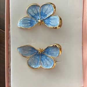 New! Anthropologie Blue Gold Hand Painted Flower Statement Earrings